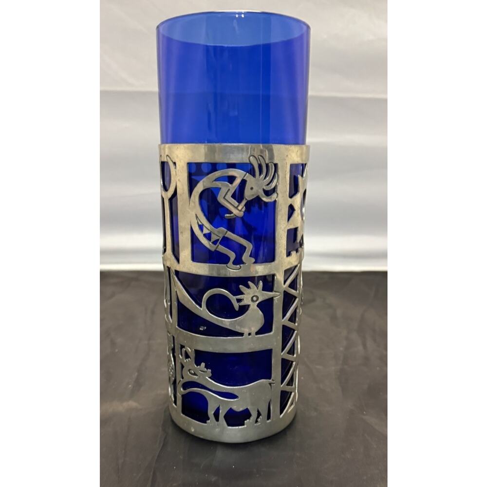 Universal Pewter Kokopelli Kachina Symbols Cobalt Blue Glass 10" Hurricane Vase